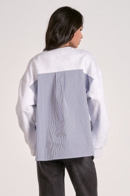 Long Sleeve Mixed Media Top - H Grey / Bl Stripe