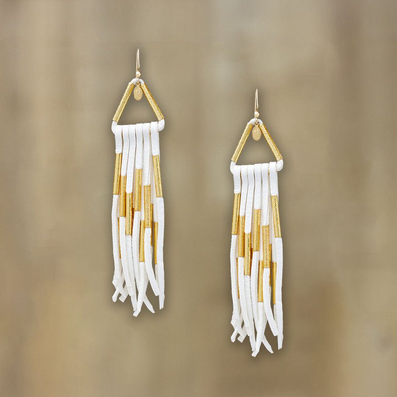 Navajo Gold Deerskin Fringe Earrings - White