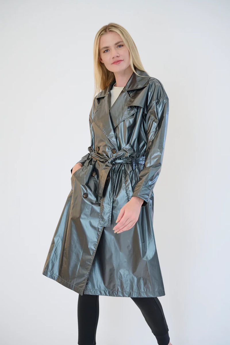 Chic Metallic Trench Coat - Charcoal