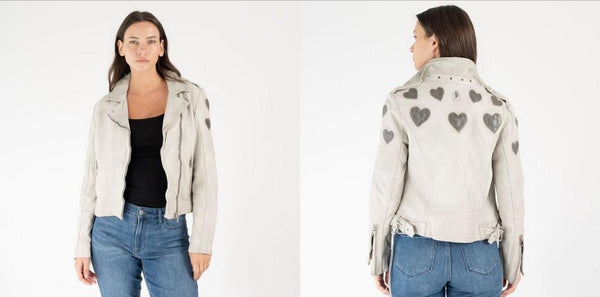 Reo RF Heart Detail Leather Jacket - Off White/Grey