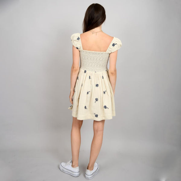 Francis Shirred Dress w/ Embroidery - Natural