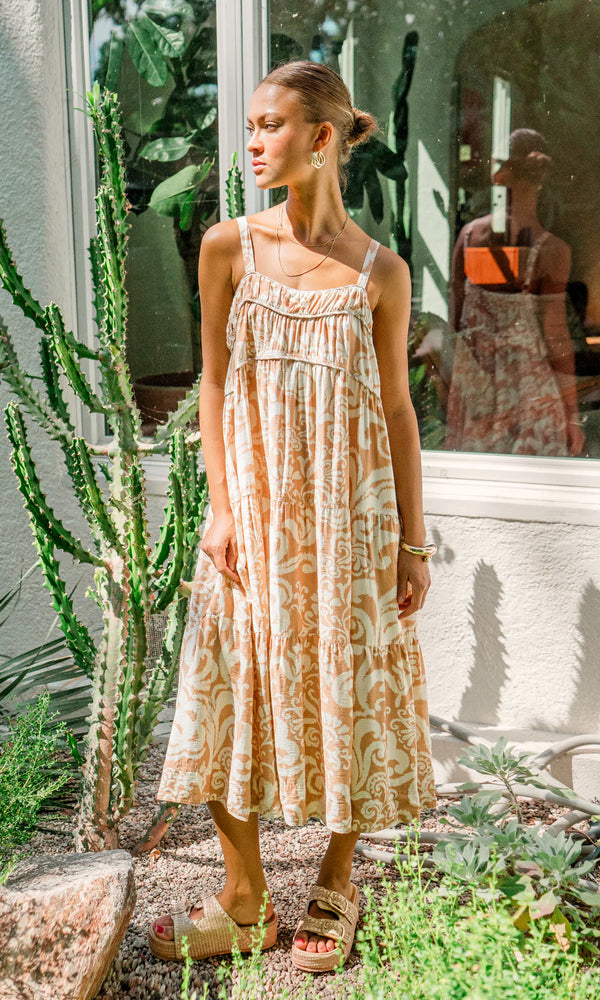 Sita Print Tiered Midi Dress - Chestnut