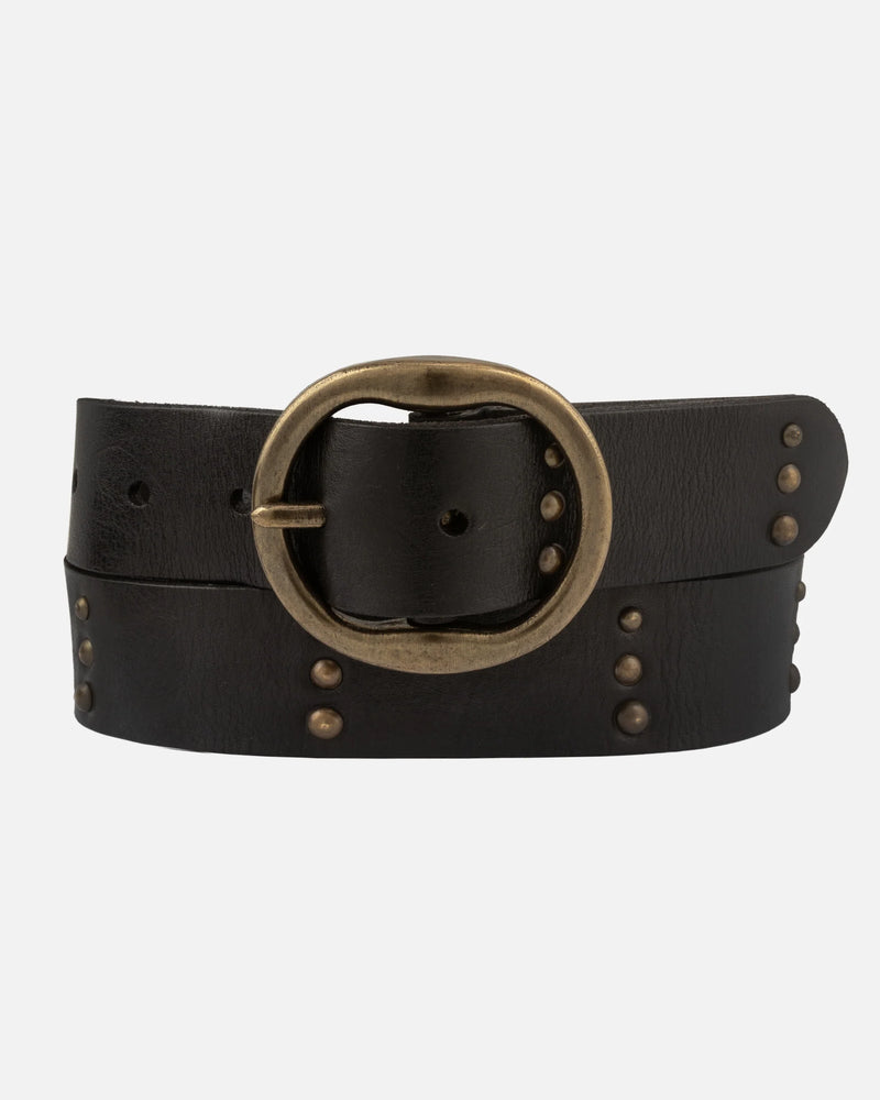 Dion | Round Buckle Leather Studded Belt - Black