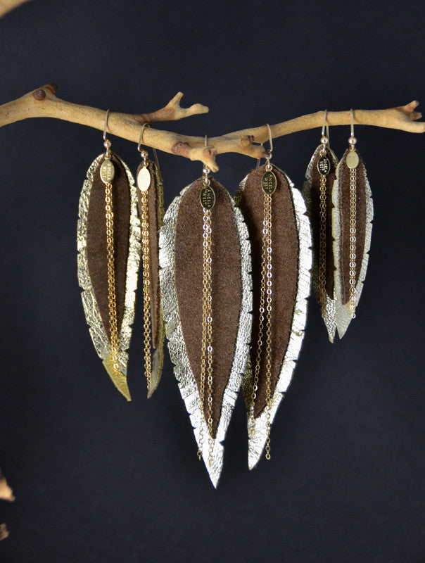 Medium Leather Feather Earrings - Gold, Gold, Brown Suede