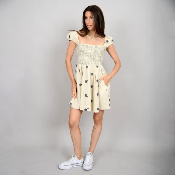 Francis Shirred Dress w/ Embroidery - Natural