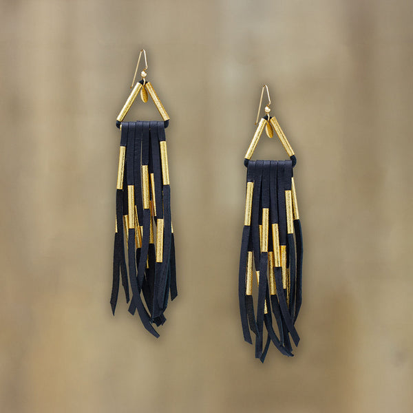 Navajo Gold Deerskin Fringe Earrings - Black