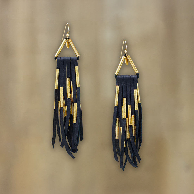 Navajo Gold Deerskin Fringe Earrings - Black