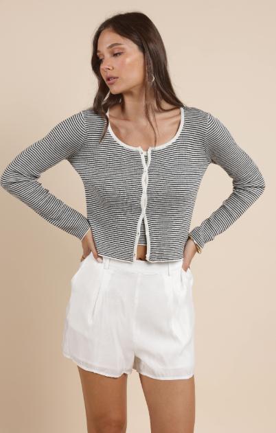 Prepster Buttoned Striped Cardigan - Ivory / Black