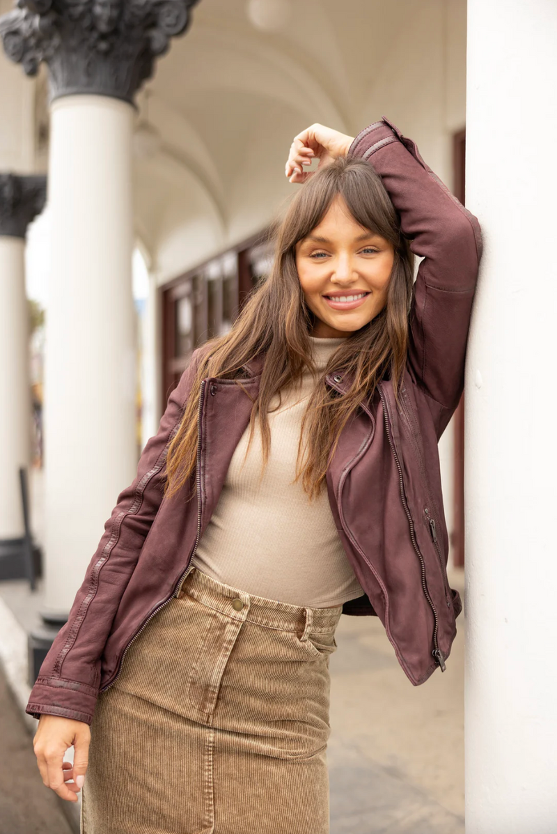 Twila RF Leather Jacket - Wine