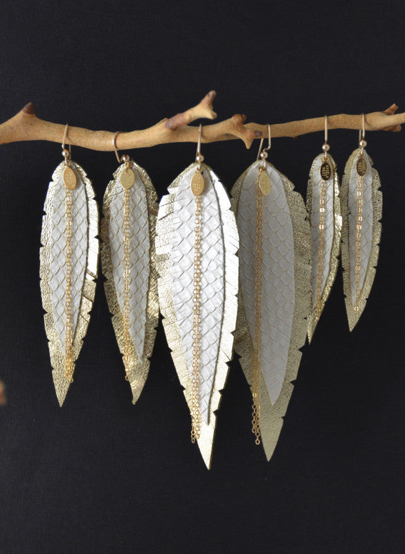 Medium Leather Feather Earrings - Gold, Gold, Pearl Python