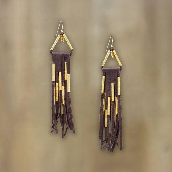 Navajo Gold Deerskin Fringe Earrings - Brown