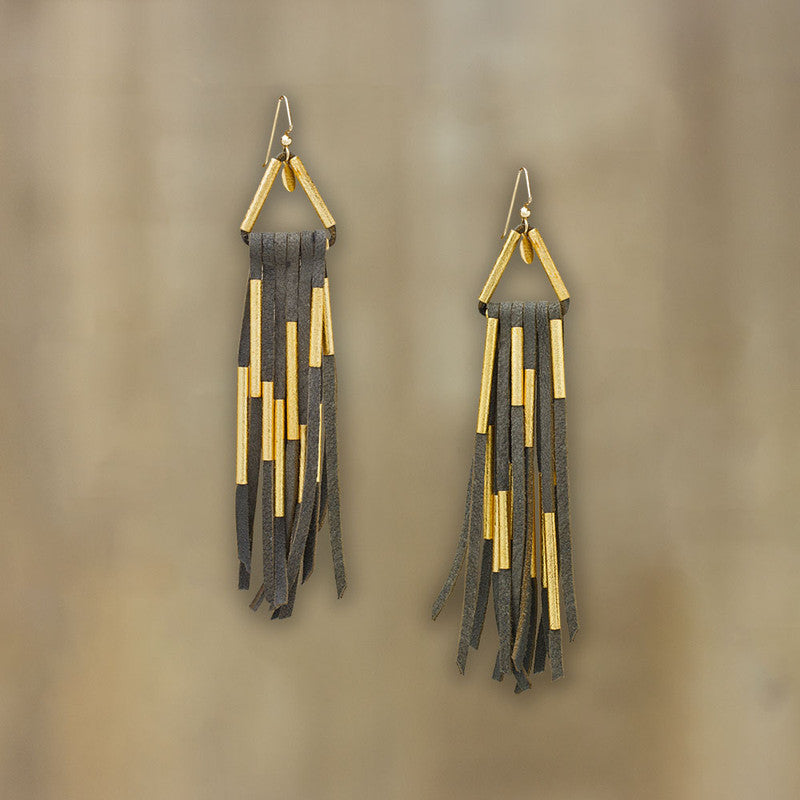 Navajo Gold Deerskin Fringe Earrings - Grey