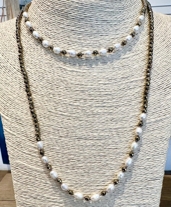Rodeo Layering Necklace - Fresh Water Pearl & Pewter Hematite