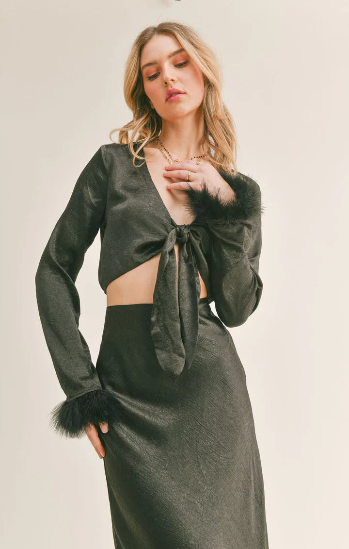 Dahlia Vegan Fur Trimmed Tie Front Top