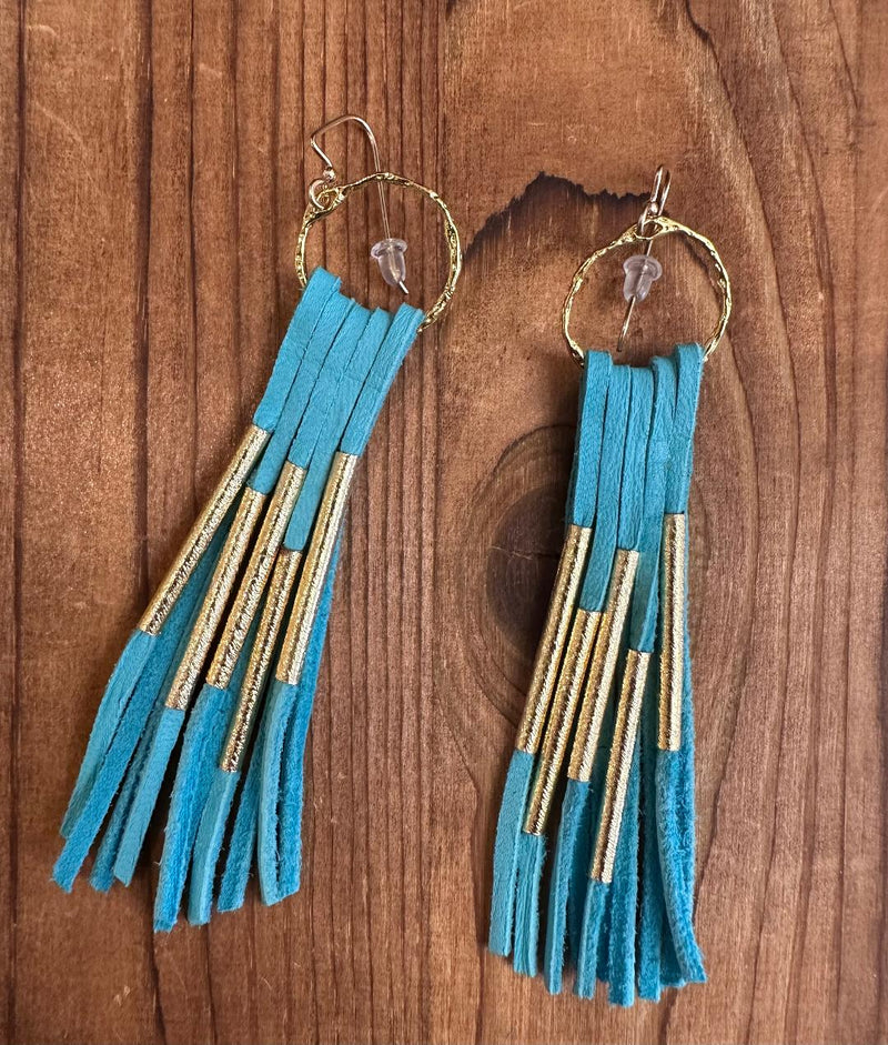 Navajo Gold Deerskin Fringe Earrings - Turquoise