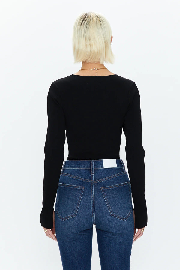 Jenny Long Sleeve Square Neck Thong Bodysuit - Noir