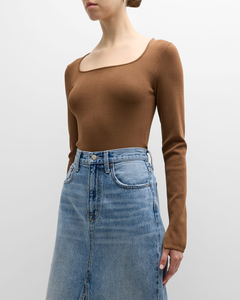 Jenny Long Sleeve Square Neck Thong Bodysuit - Saddle
