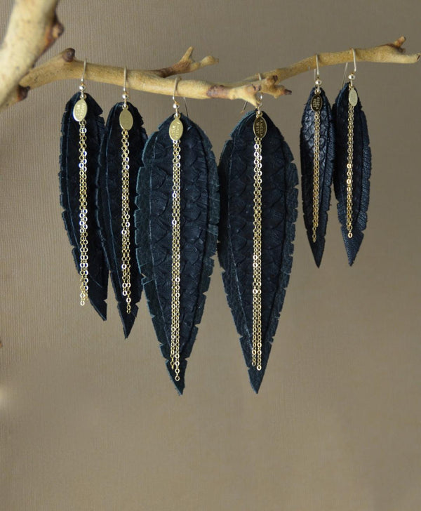 Small Leather Feather Earrings - Gold, Black and Python