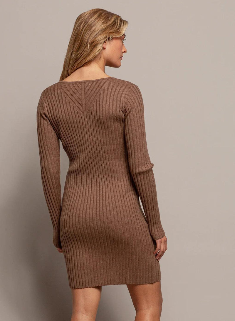 Long Sleeve Ribbed Knit V Neck Dress - Mocha