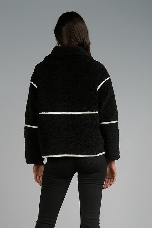 Fur Zip Up with Piping Coat - Black