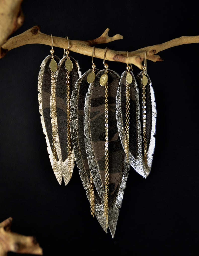 Medium Leather Feather Earrings - Gold, Gold and Camo