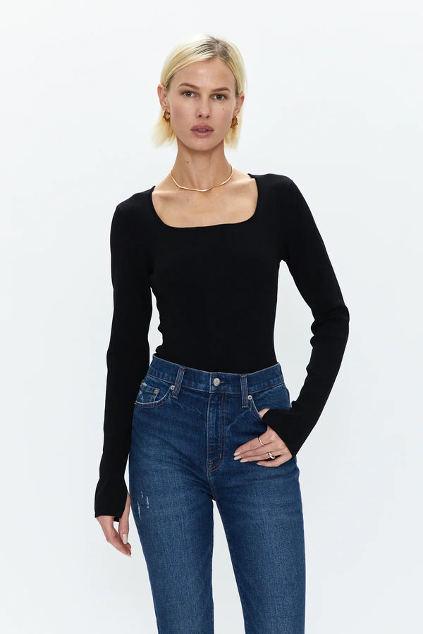Jenny Long Sleeve Square Neck Thong Bodysuit - Noir