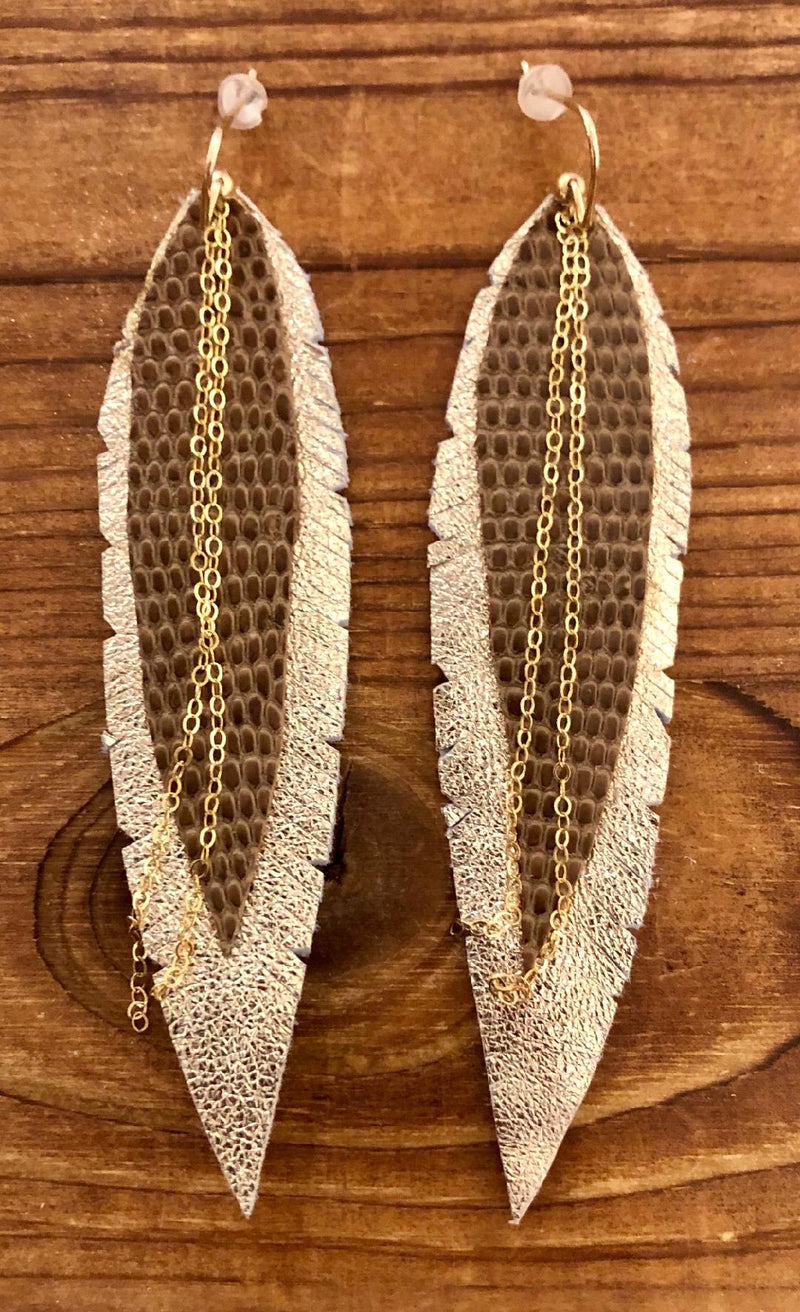 Medium Leather Feather Earrings - Gold, Gold and Crocodile