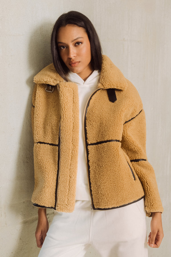 Fur Zip Up Piping Coat