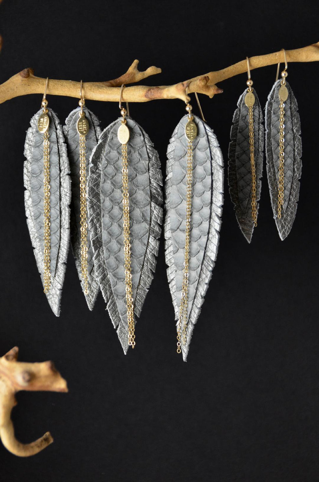 Medium Leather Feather Earrings - Gold, Grey and Python – Down to Earth ...