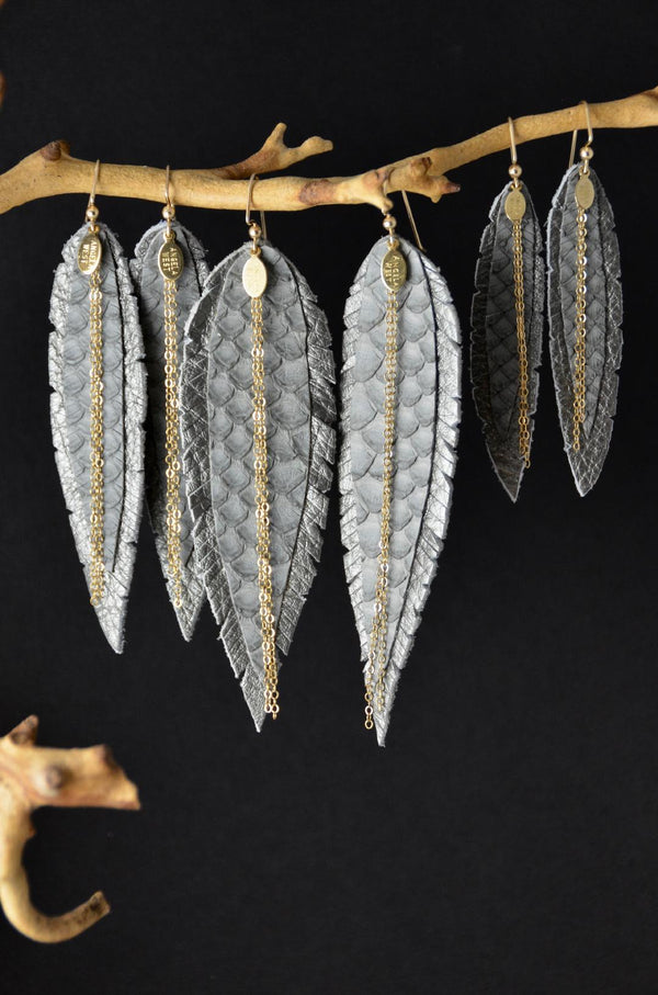 Medium Leather Feather Earrings - Gold, Grey and Python