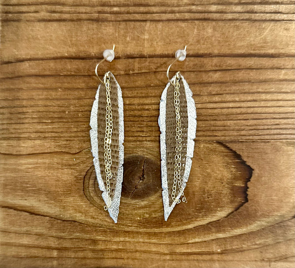 Small Leather Feather Earrings - Gold, Gold and Crocodile