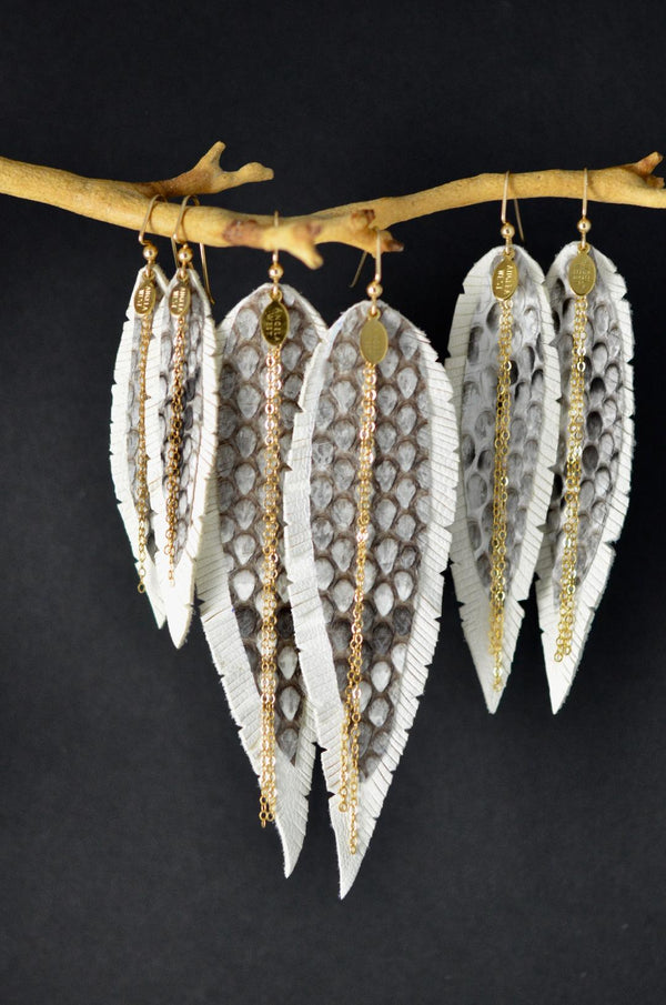 Medium Leather Feather Earrings - Gold, White and Python
